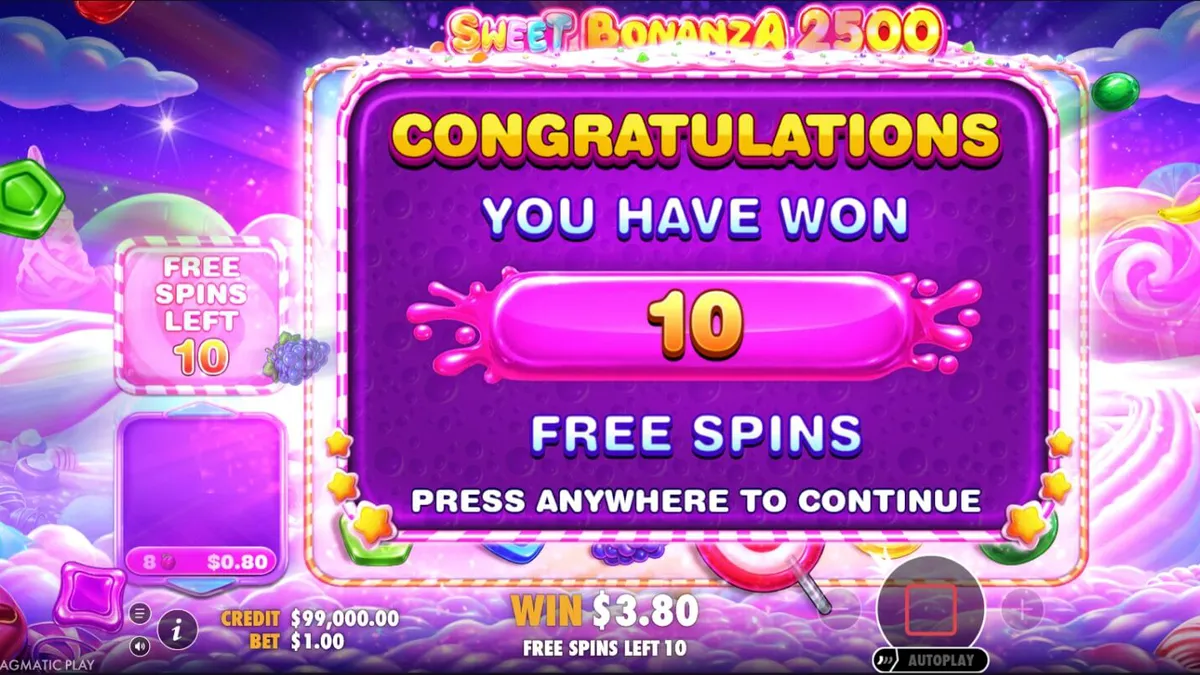 Tampilan visual penuh warna dari slot Sweet Bonanza 2500 dengan simbol permen dan buah.