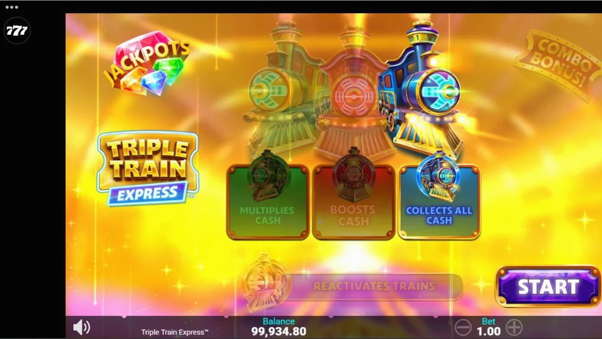 Tampilan visual futuristik dari slot Triple Train Express dengan kereta neon.