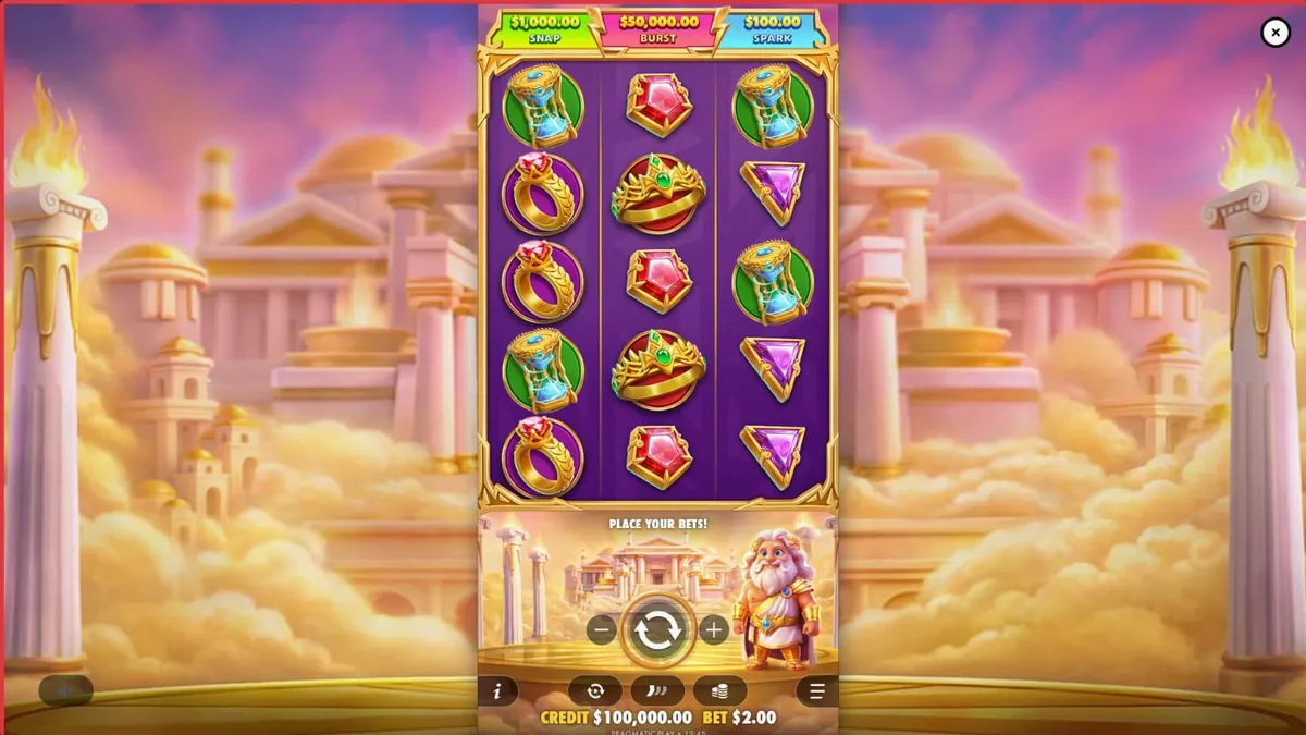 Tampilan visual slot Gates of Olympus POP dengan Zeus dan grid 3x5 yang dinamis